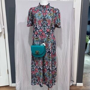 julia jordan NWT Navy Floral Midi Dress, Fuschia/Pink/Teal/Yellow/White, collar